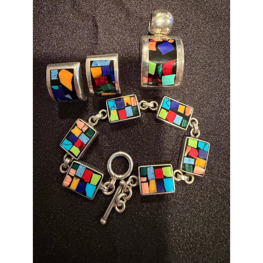 Mexican Sterling Silver 925 ATI Multi-Stone Inlay Mosaic Toggle Bracelet